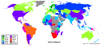 世界各国のジニ係数- Gini Coefficient World CIA Report 2009 (出典:フリー百科事典『ウィキペディア(Wikipedia)』)